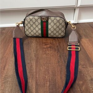 Gucci Beige Monogram Bag with Red and Blue Strap